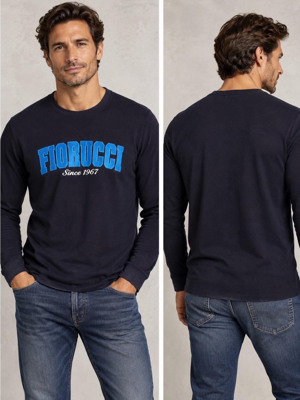 Fiorucci Men’s Navy Flocked Wool Blend Logo Long Sleeve T-Shirt NWT Size Large